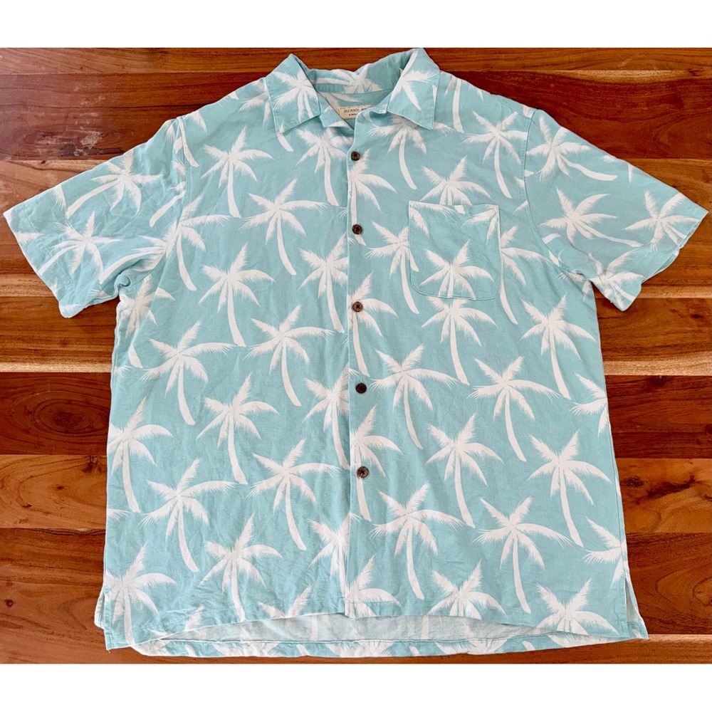 Island Republic Silk Blend Palm Tree Hawaiian Shirt Aqua Blue Mens XL
